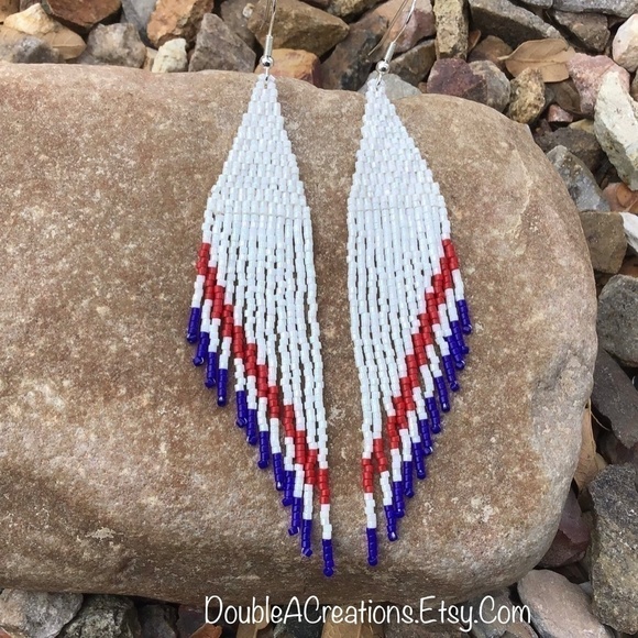 Red White and Blue Beaded Earrings with Fringe, New, Handmade by Me - Picture 2 of 9